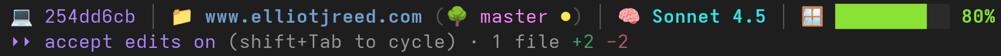 Claude Code custom statusline showing session ID, directory, git branch, model, and context window